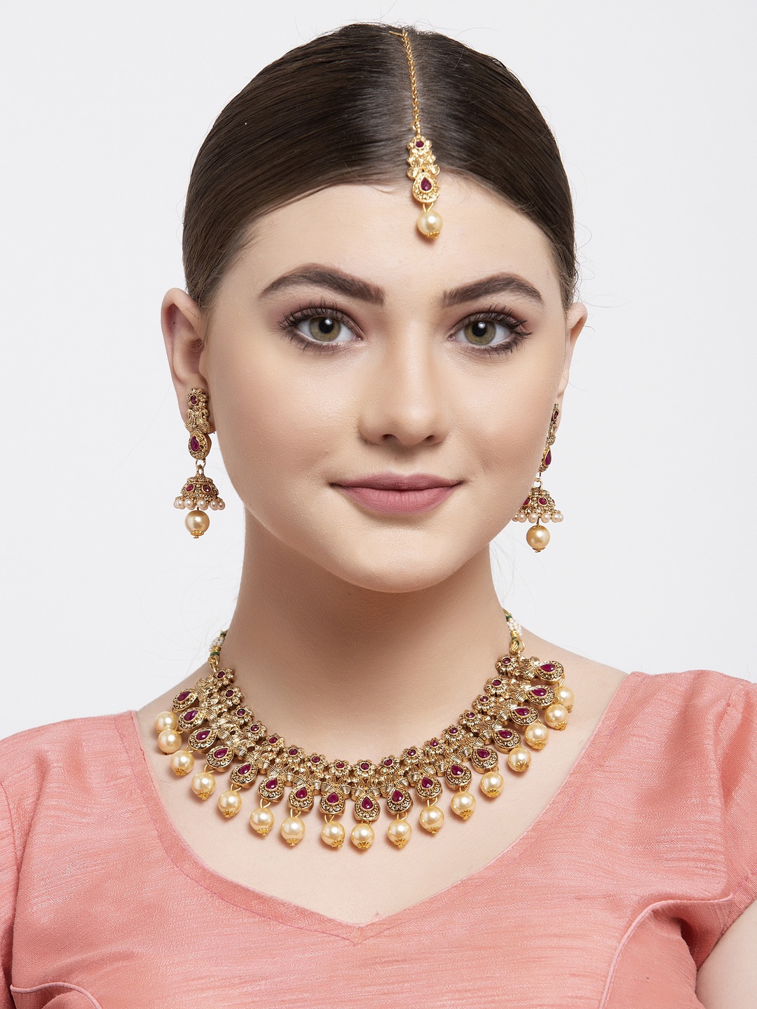 Shining Diva Gold-Plated Red & Beige Stone Studded Pearl Beaded Choker Jewellery Set
Shining Diva Gold-Plated Red & Beige Stone Studded Pearl Beaded Choker Jewellery Set