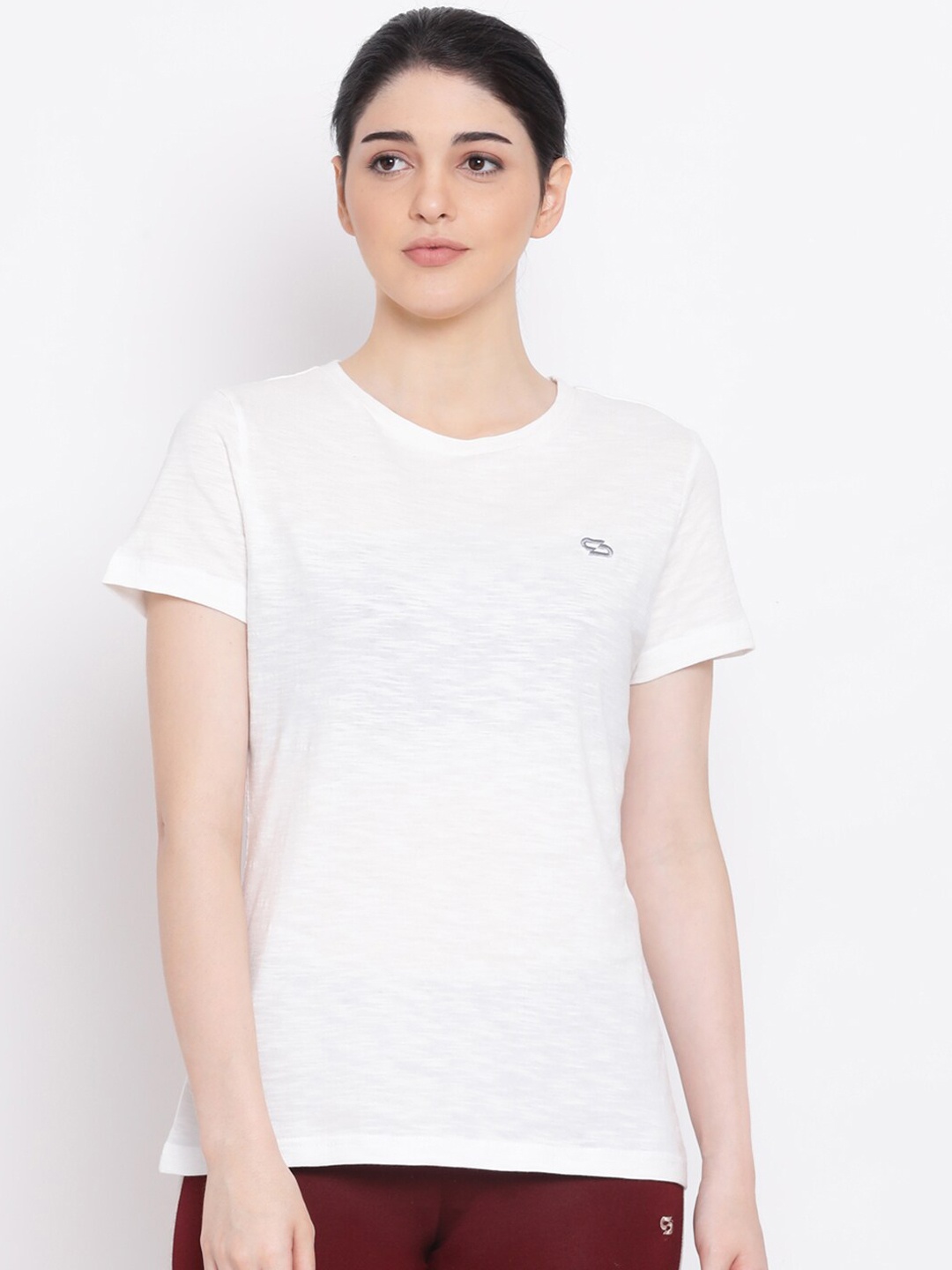 Spolei Women White Solid Round Neck T-shirt