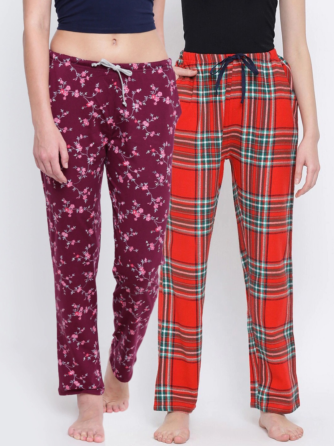 Kanvin Women Pack of 2 Printed Lounge Pants, Burgundy