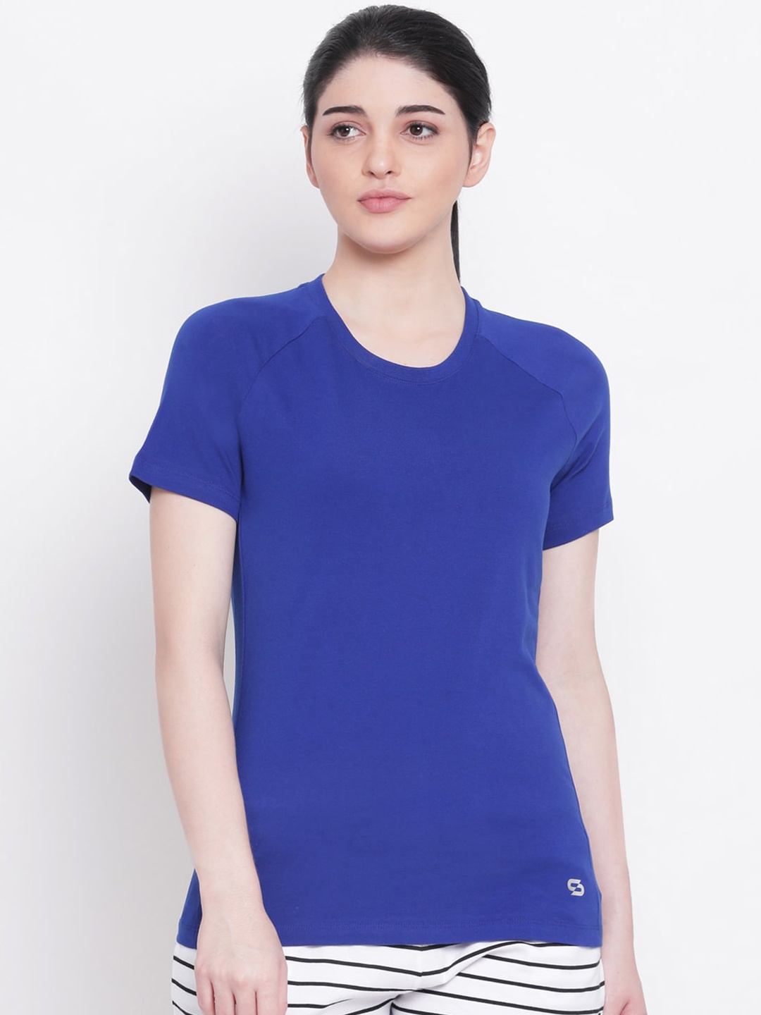 Spolei Women Blue Solid Round Neck T-shirt