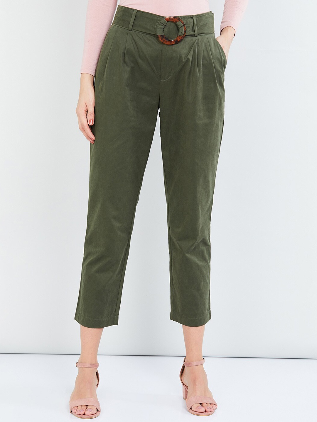 max Women Olive Green Regular Fit Solid Peg Trousers