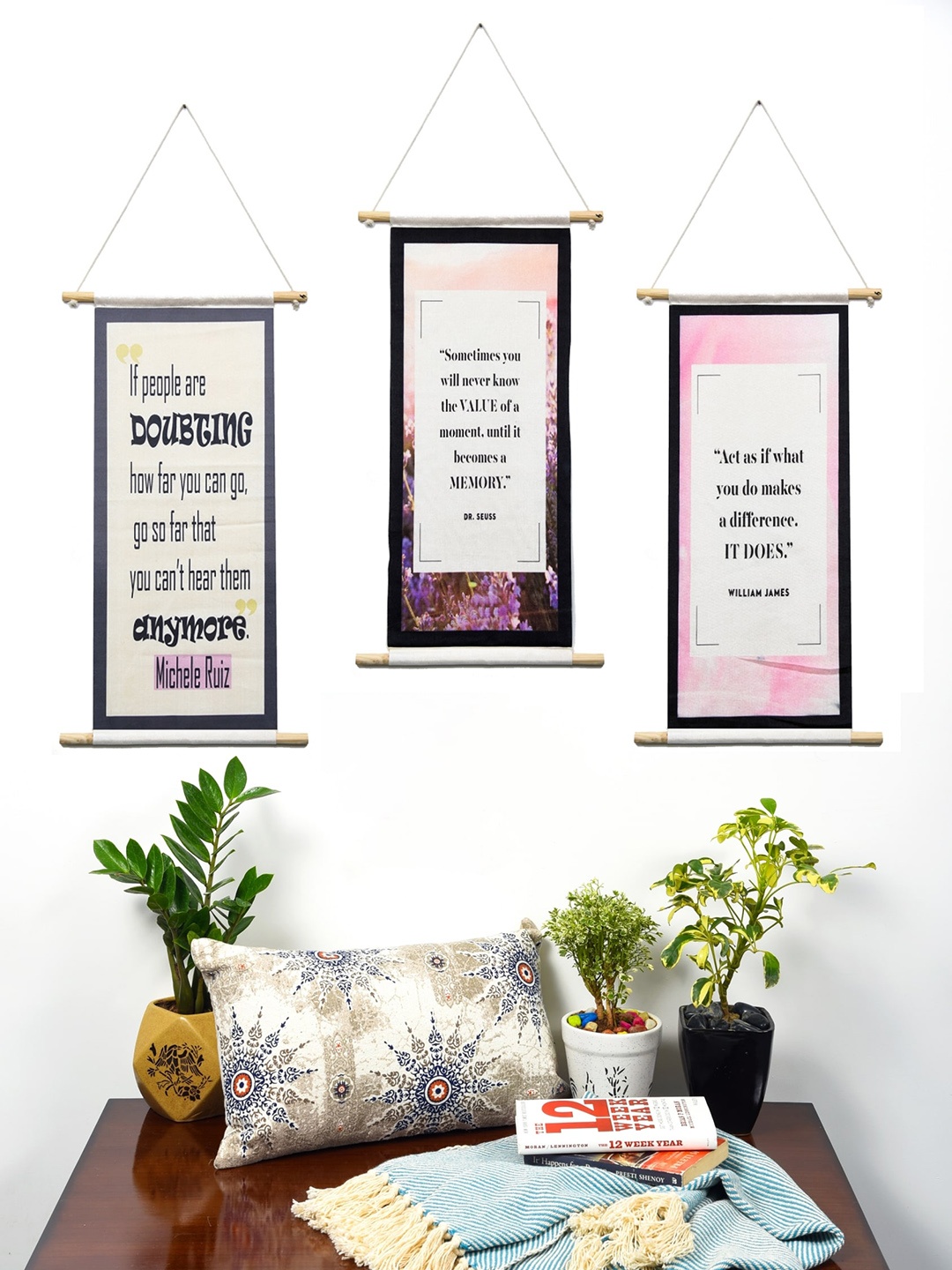 BELLA TRUE Set of 3 Pink & White Digitally Printed Wall Hangings