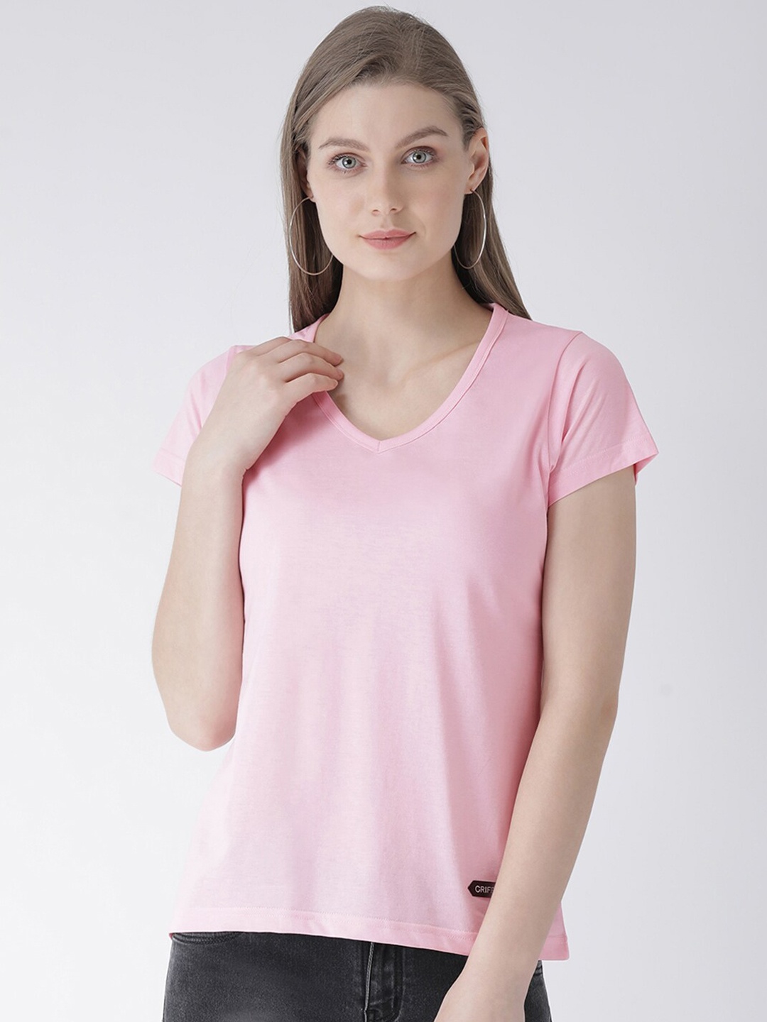 GRIFFEL Women Pink Solid V-Neck T-shirt