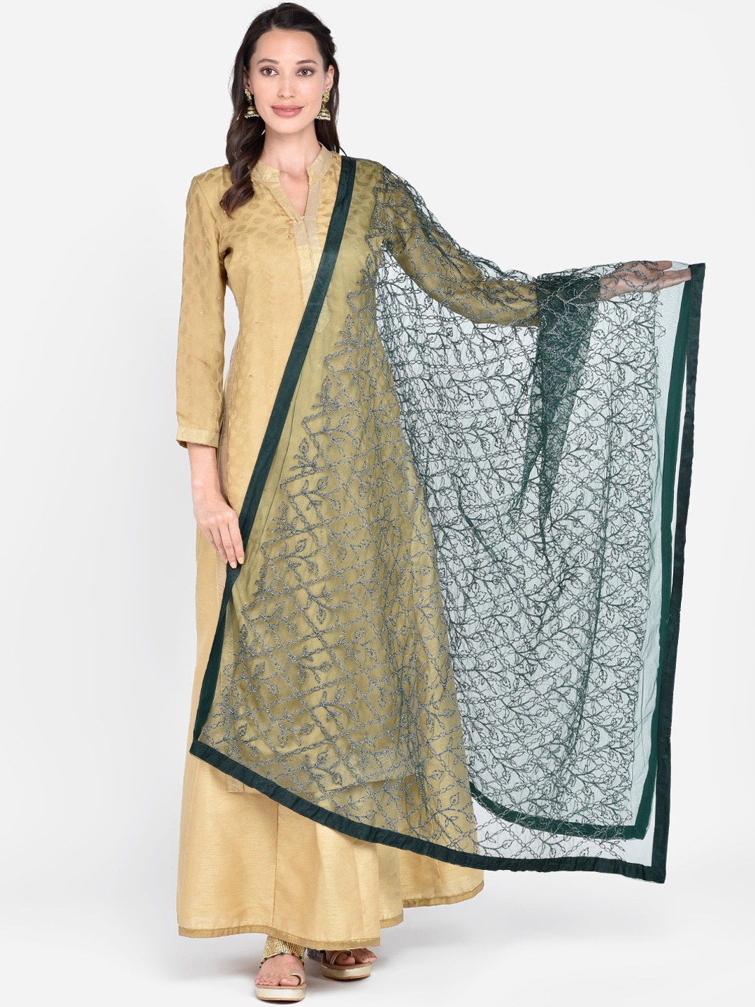 Dupatta Bazaar Green & White Embroidered Dupatta