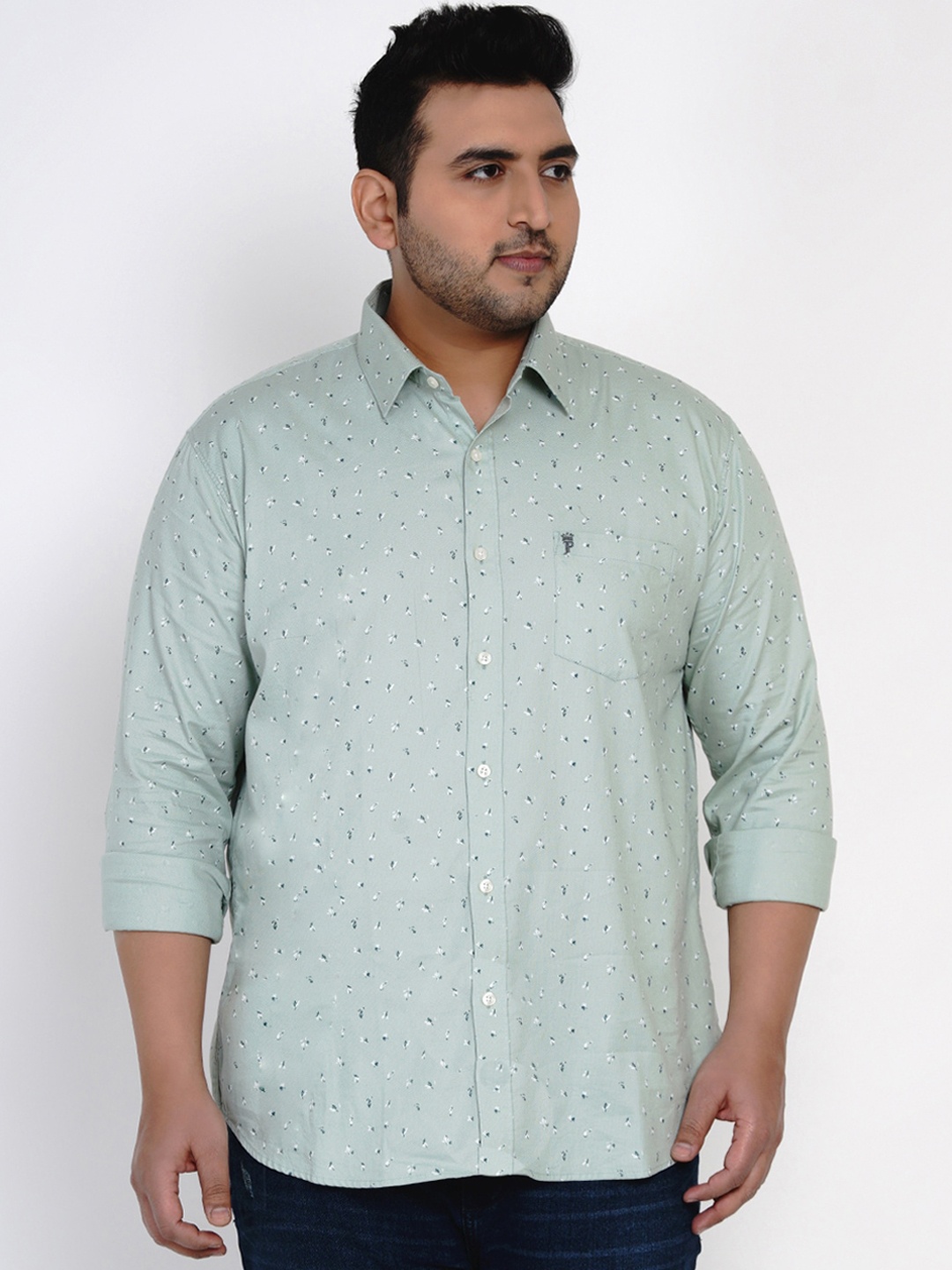 John Pride Plus Size Men Green & White Regular Fit Printed Casual Shirt