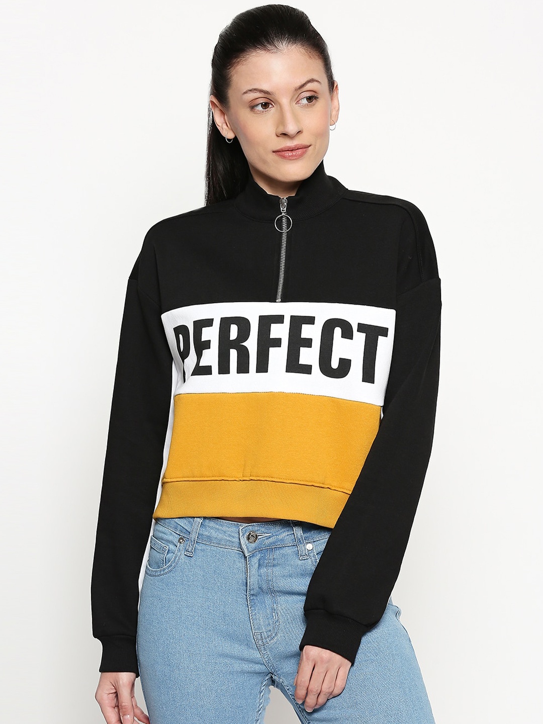 People Women Black & Yellow Colourblocked Cotton Sweatshirt
