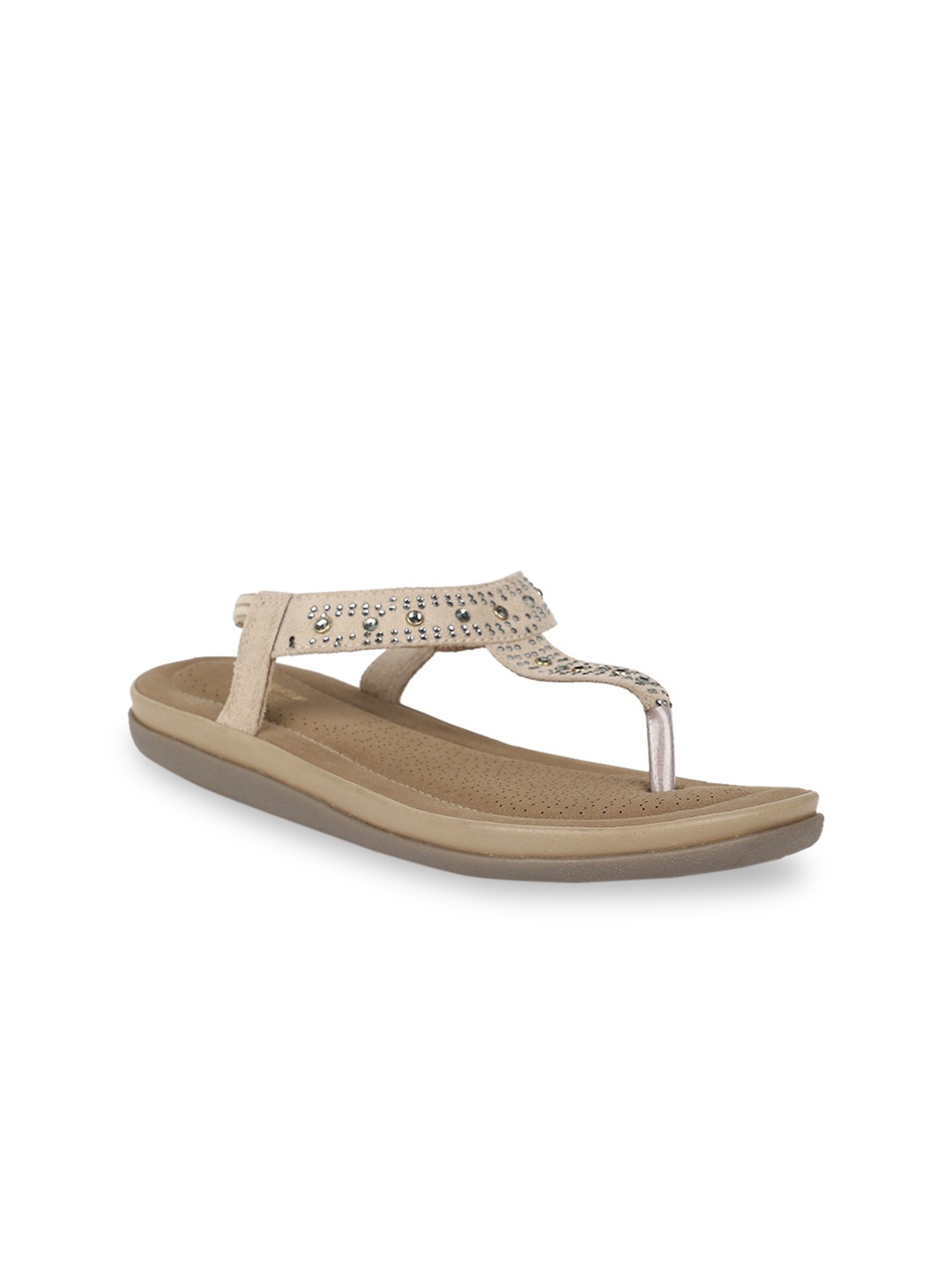 Bata Women Beige Embellished T-Strap Flats
