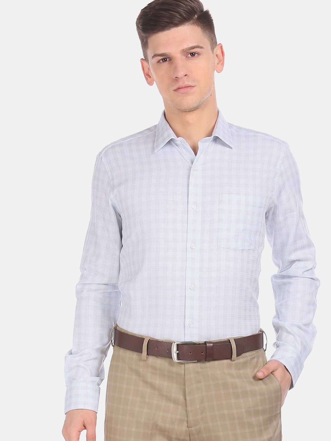 Arrow Men Grey Slim Fit Checked Cotton Formal Shirt
