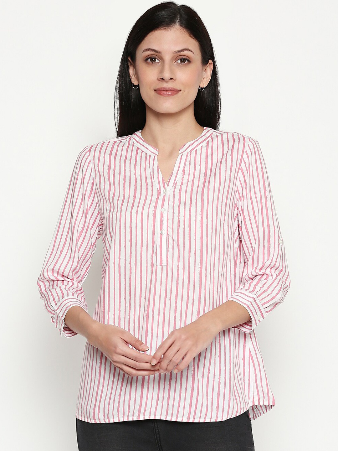 Honey by Pantaloons Women White & Pink Printed Shirt Style Tunic