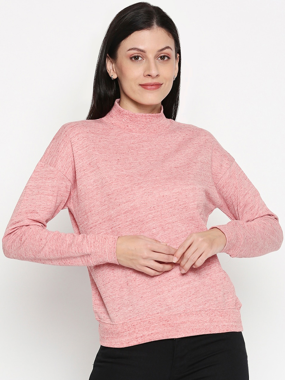 People Women Pink Self Design Cotton Sweatshirt