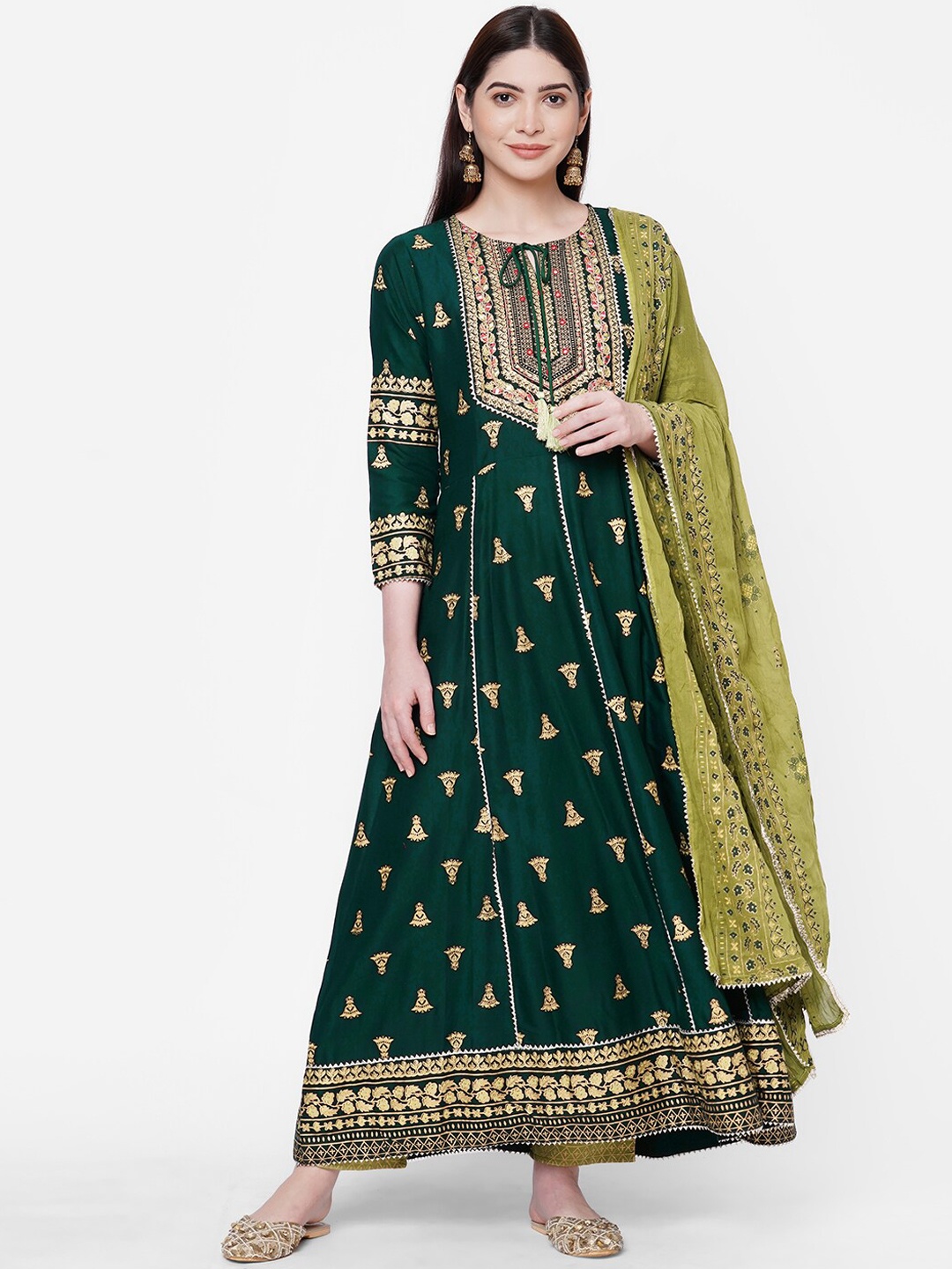 FASHOR Women Green Embroidered Kurta with Palazzos & Dupatta