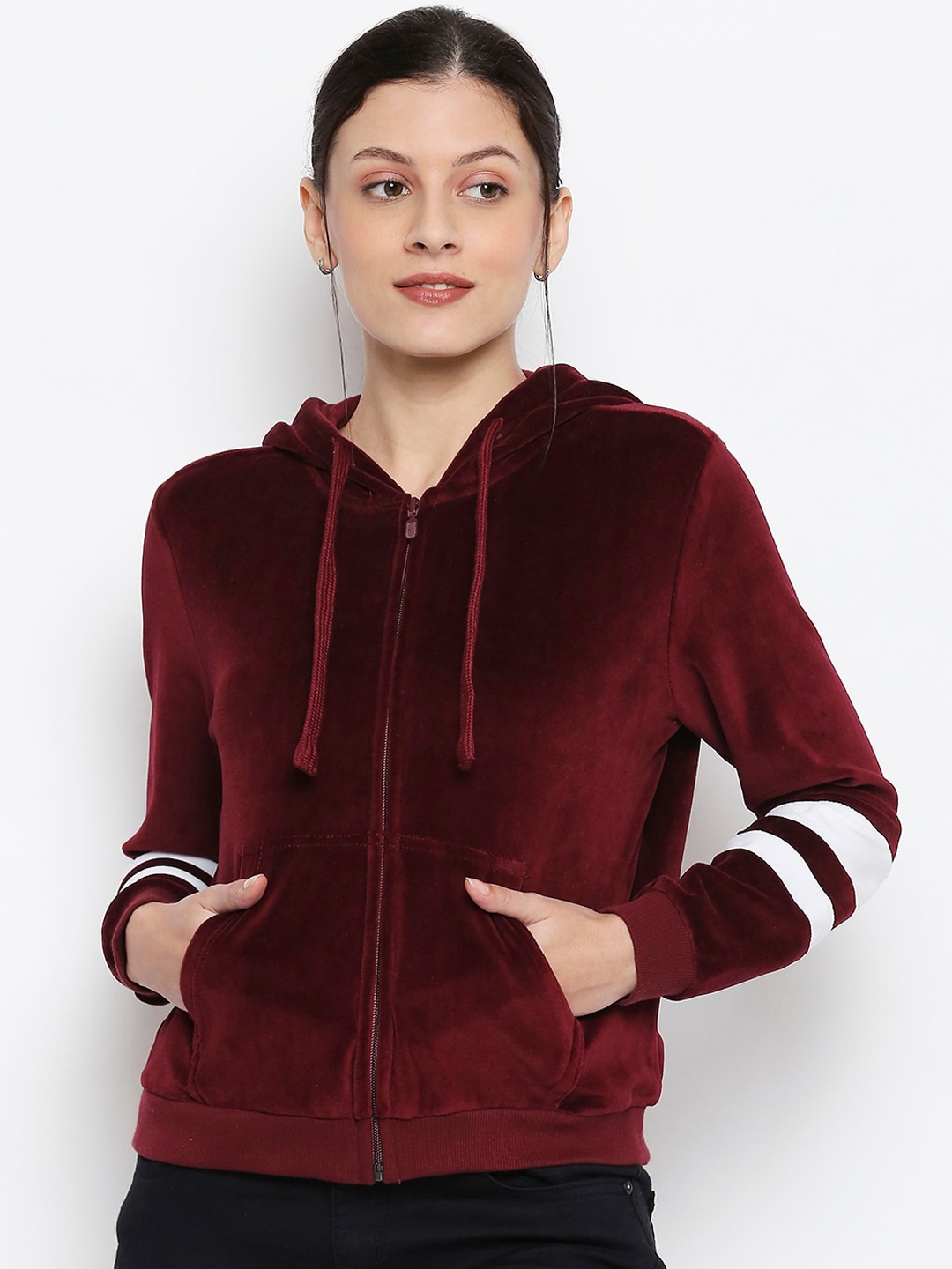 People Women Maroon Solid Hooded Sweatshirt