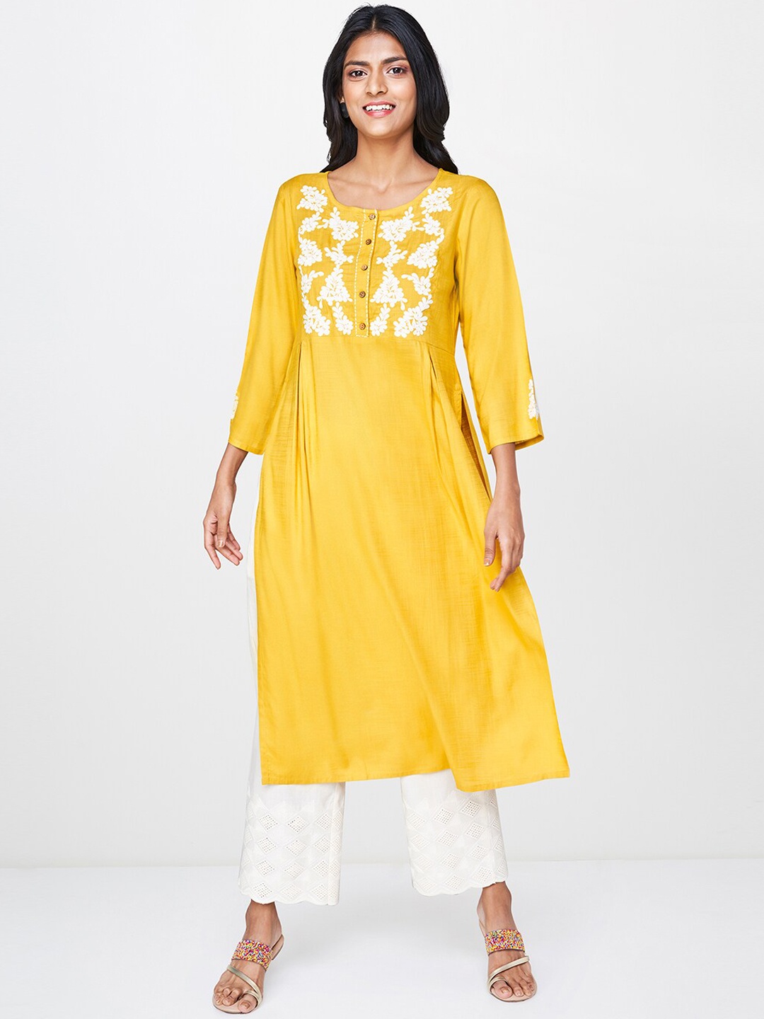 Global Desi Women Mustard Yellow Yoke Design Straight Kurta