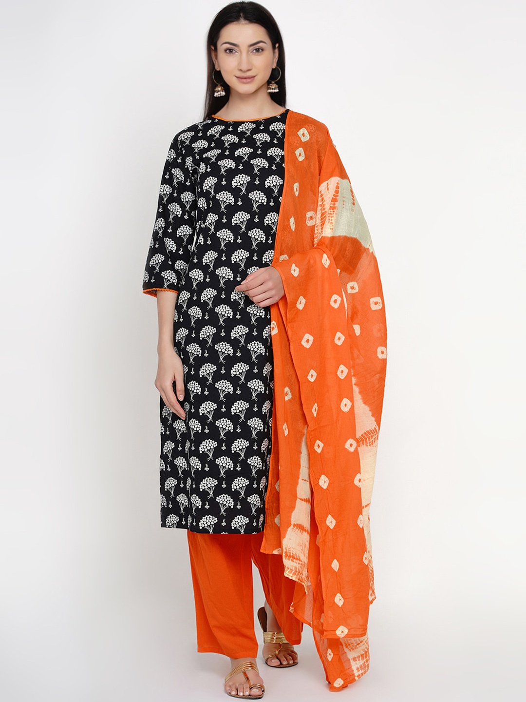 Yuris Women Black & Orange Printed Kurta with Palazzos & Dupatta