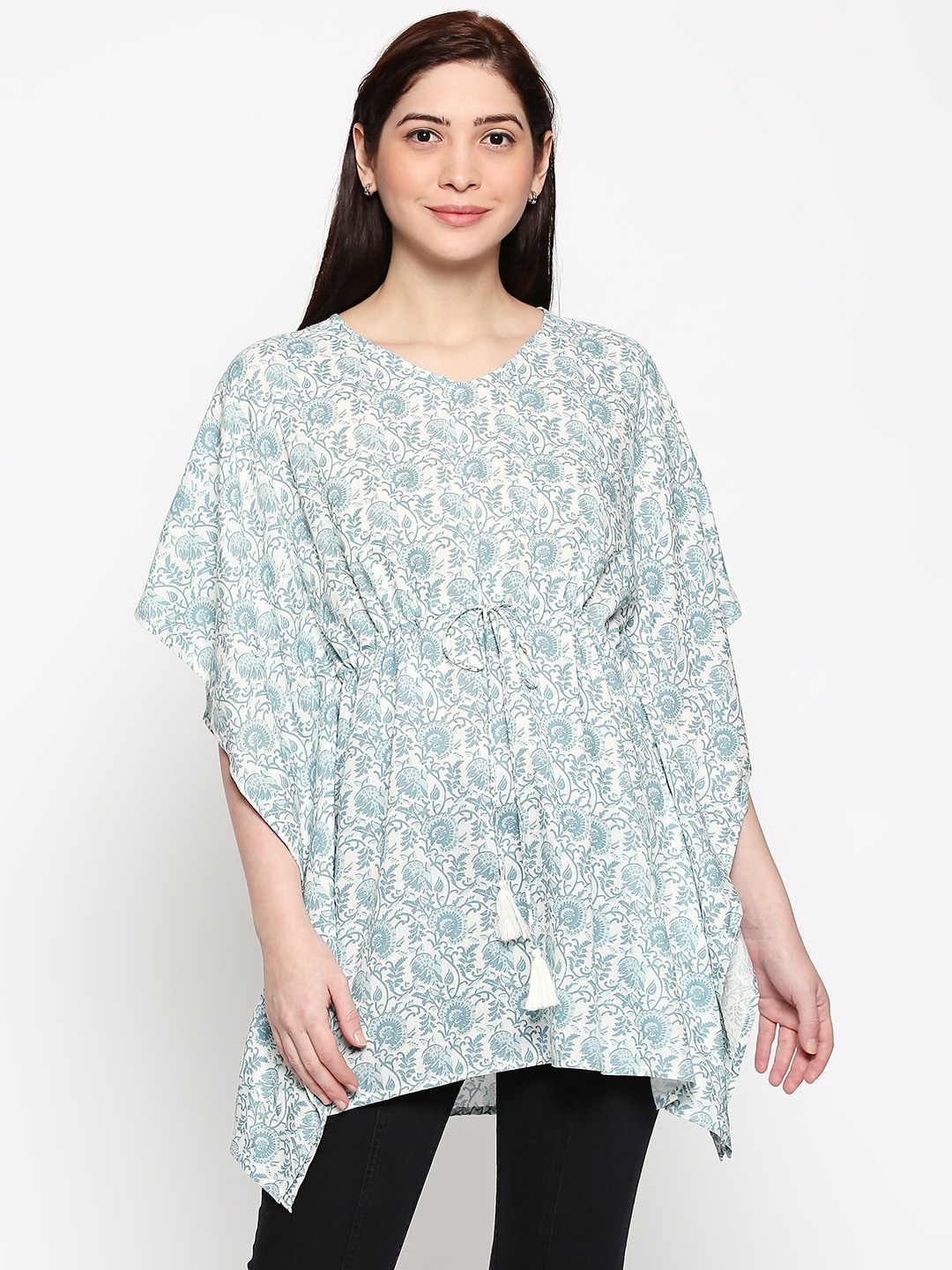People Women White & Blue Floral Printed Tunic