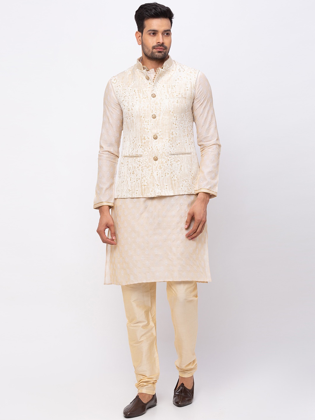 Ethnicity Men Beige Embroidered Nehru Jacket