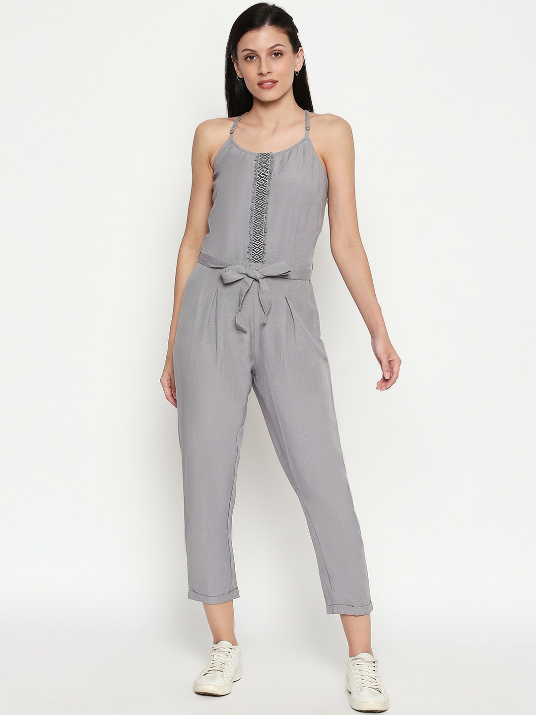 People Women Grey Embroidered Basic Jumpsuit