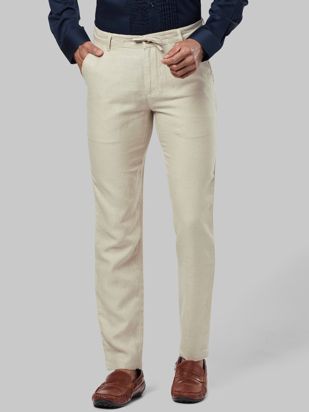 Ethnix by Raymond Men Cream-Coloured Regular Fit Solid Formal Trousers