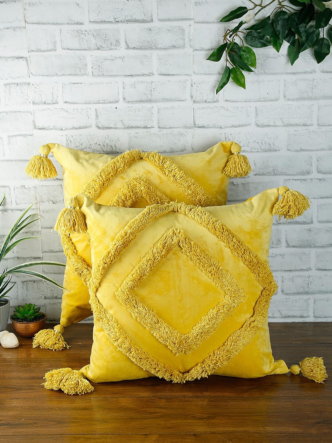 eyda Set of 2 Yellow Textured Square Velvet Sustainable Cushion Covers