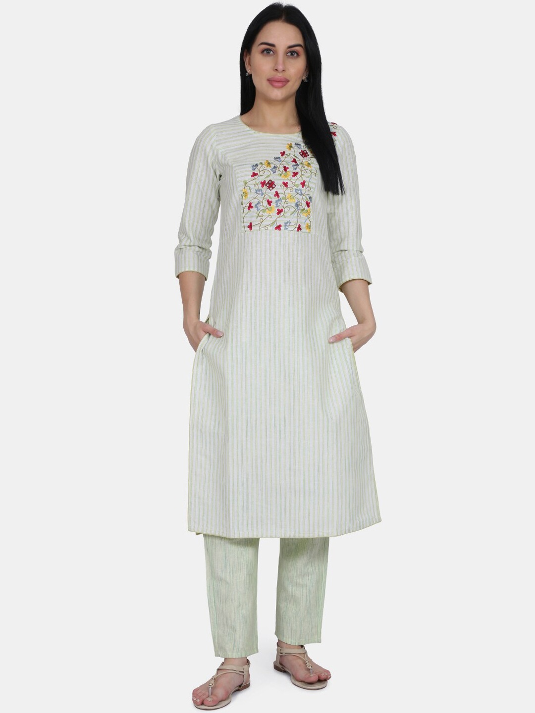 Be Indi Women Green & White Yoke Design Kurta with Trousers