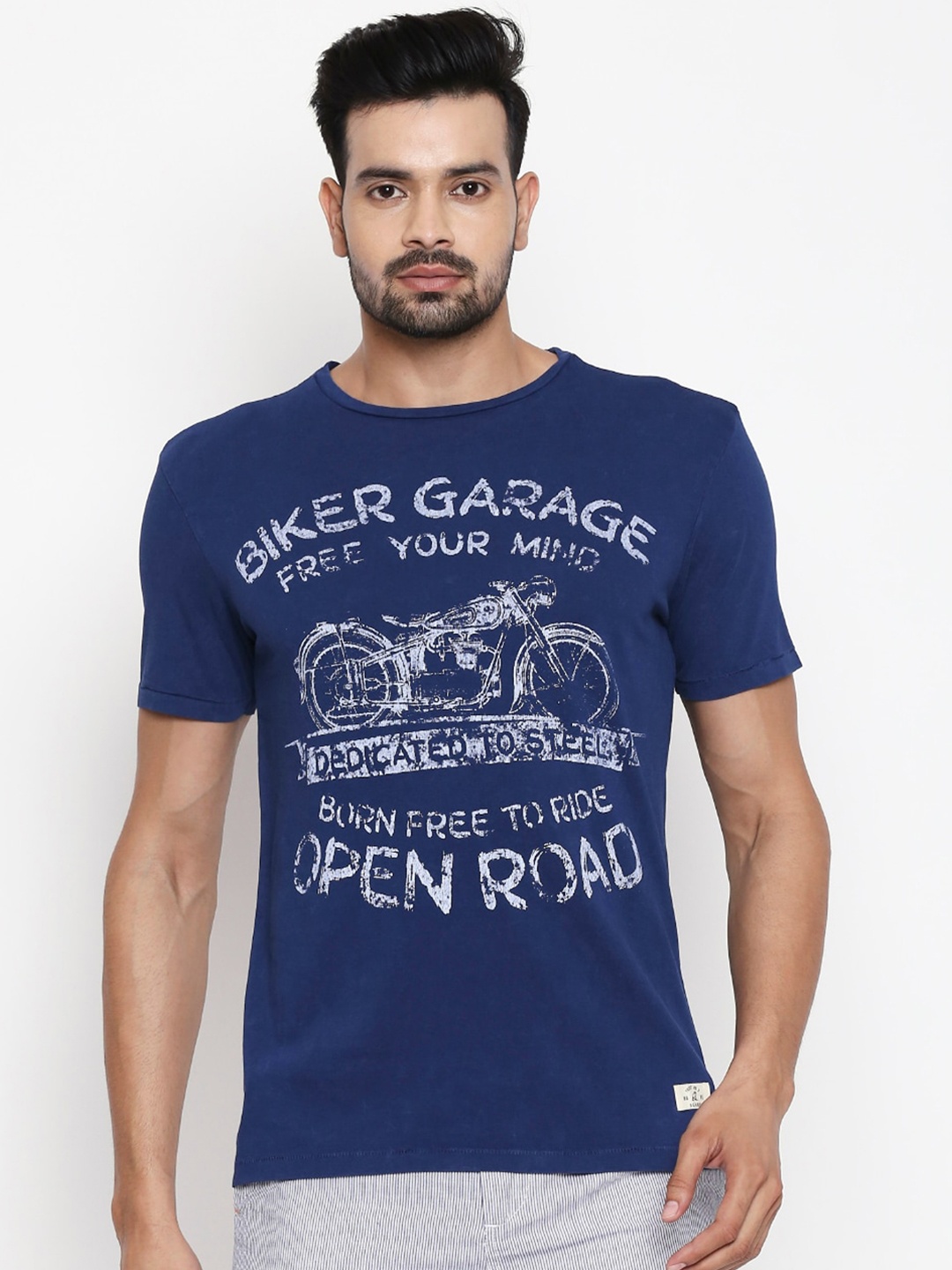 People Men Blue Printed Round Neck Cotton T-shirt