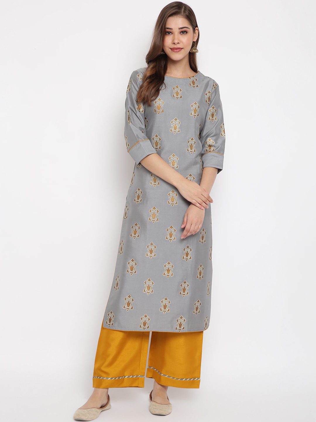 Janasya Women Grey & Yellow Woven Design Kurta with Palazzos