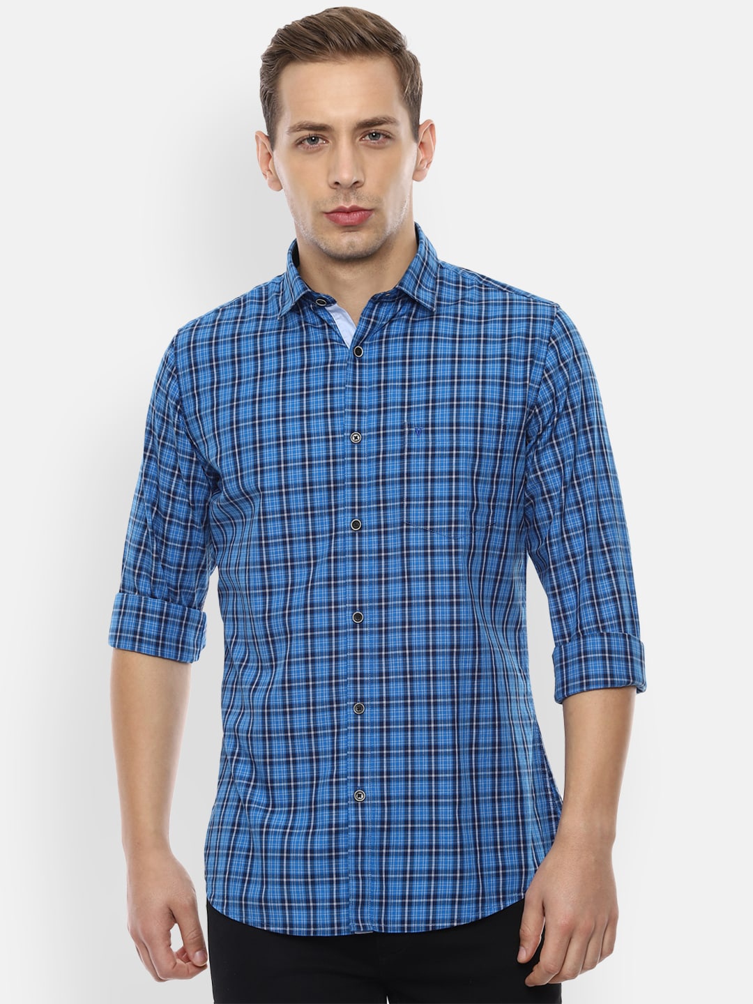Van Heusen Sport Men Blue & White Slim Fit Checked Cotton Casual Shirt