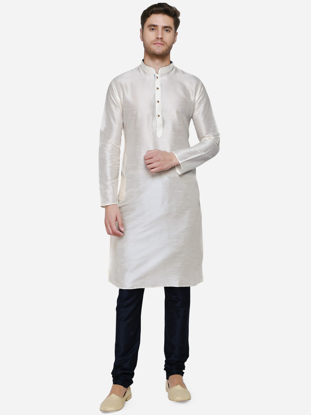 azania Men Off-White Striped Straight Kurta