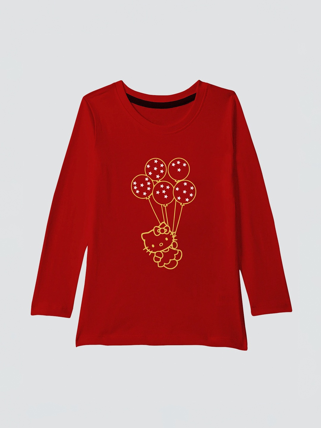 American-Elm Girls Red Printed Round Neck Pure Cotton T-shirt