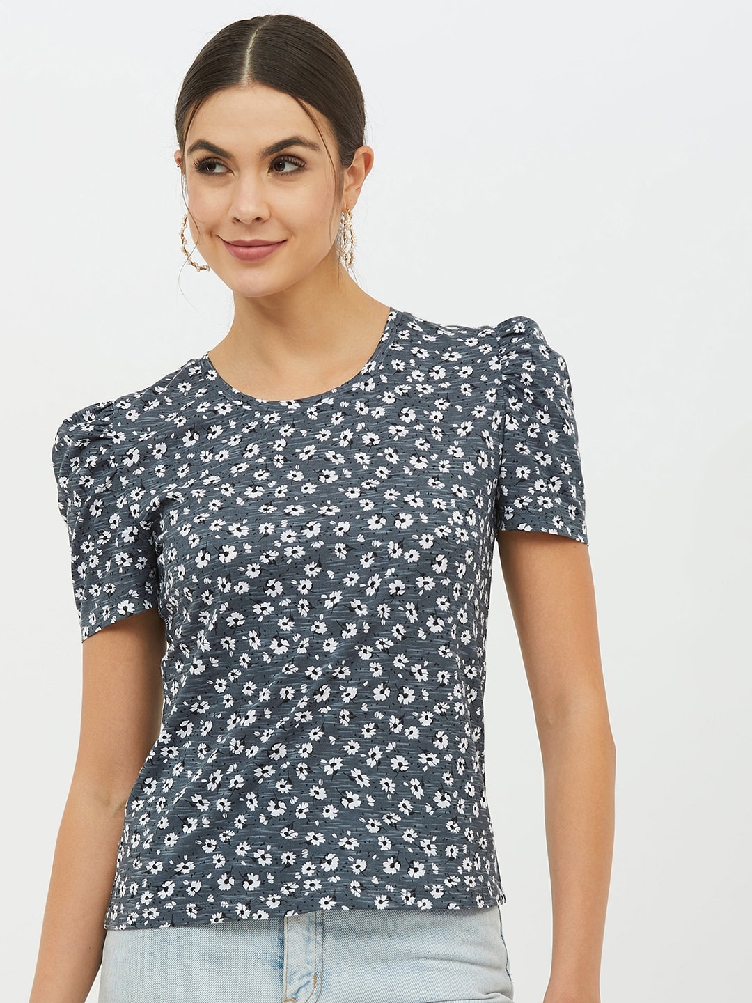 Harpa Women Grey Printed Round Neck T-shirt