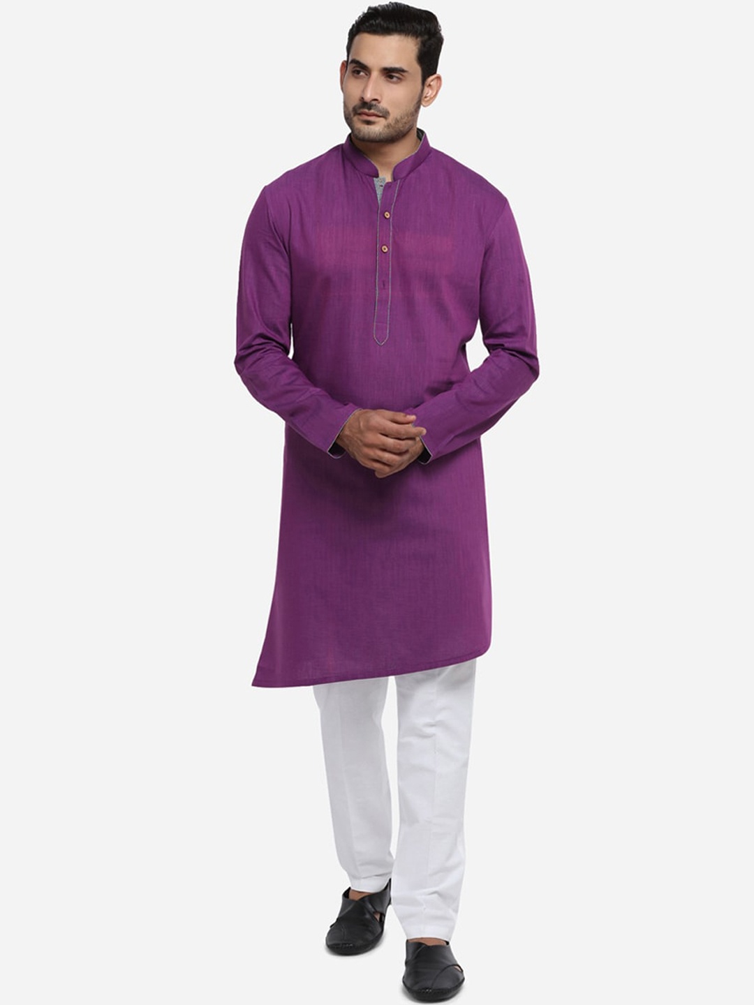 azania Men Purple Solid Cotton Straight Kurta