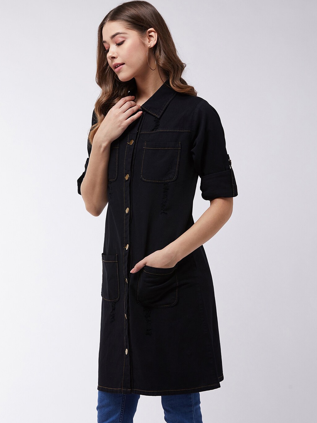 Miss Chase Women Black Solid Longline Denim Jacket