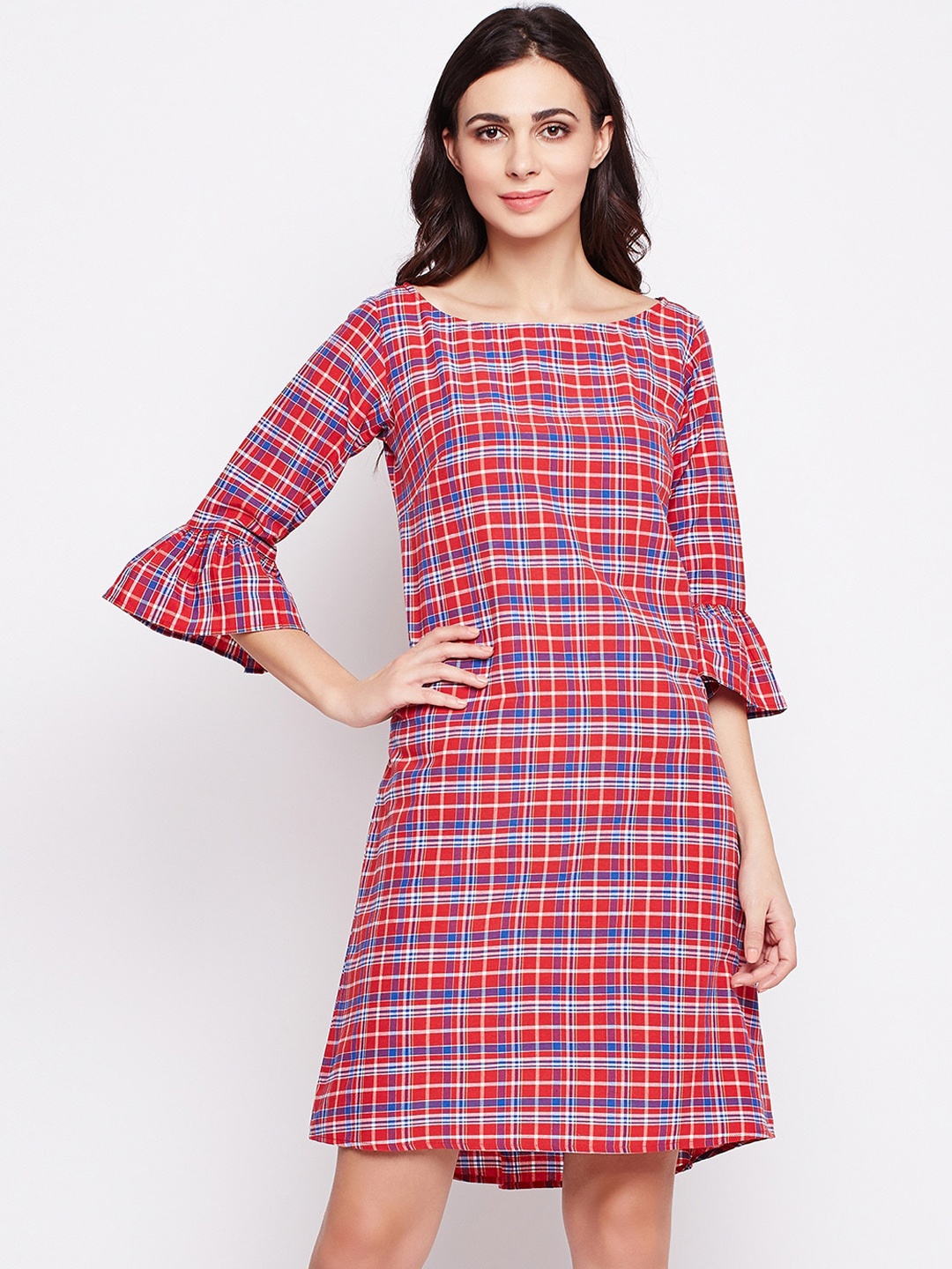 FABNEST Women Red Checked A-Line Dress