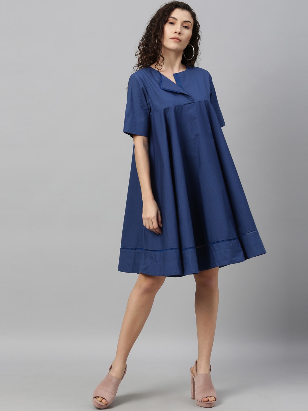 RAREISM Women Navy Blue Solid A-Line Dress
