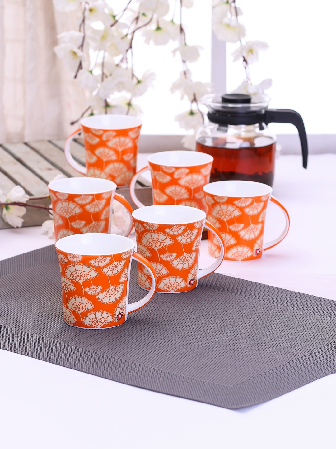 CLAY CRAFT Set Of 6 Orange & White Floral Printed Ceramic Cups