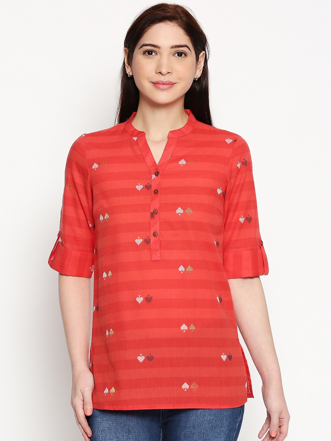 AKKRITI BY PANTALOONS Women Red Striped Pure Cotton Top