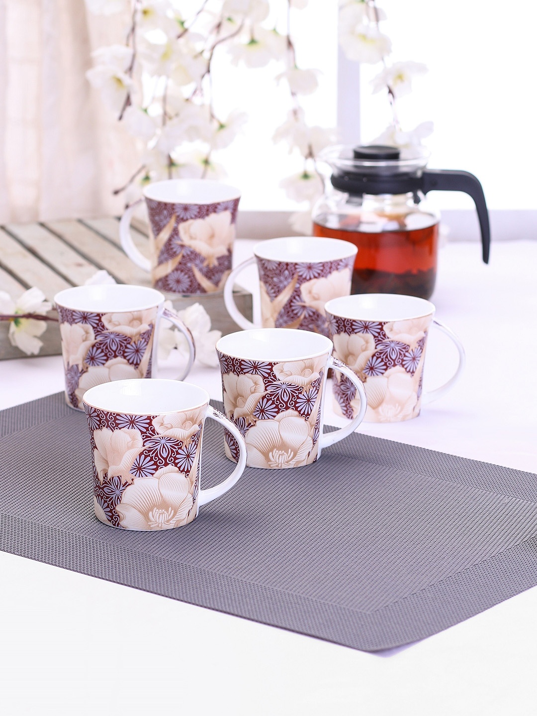 CLAY CRAFT Set Of 6 Maroon & Beige Floral Printed Ceramic Cups