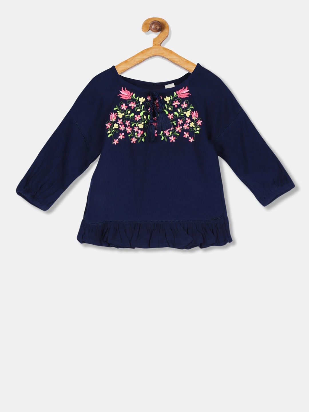 Cherokee Girls Navy Blue Embroidered A-Line Top