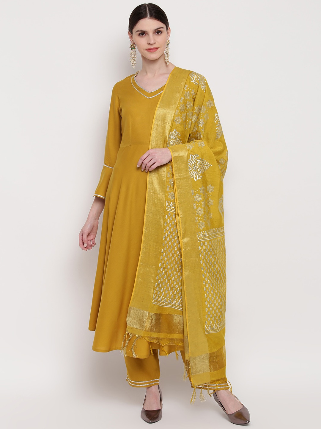 Khushal K Women Mustard Yellow Solid Kurta with Trousers & Dupatta