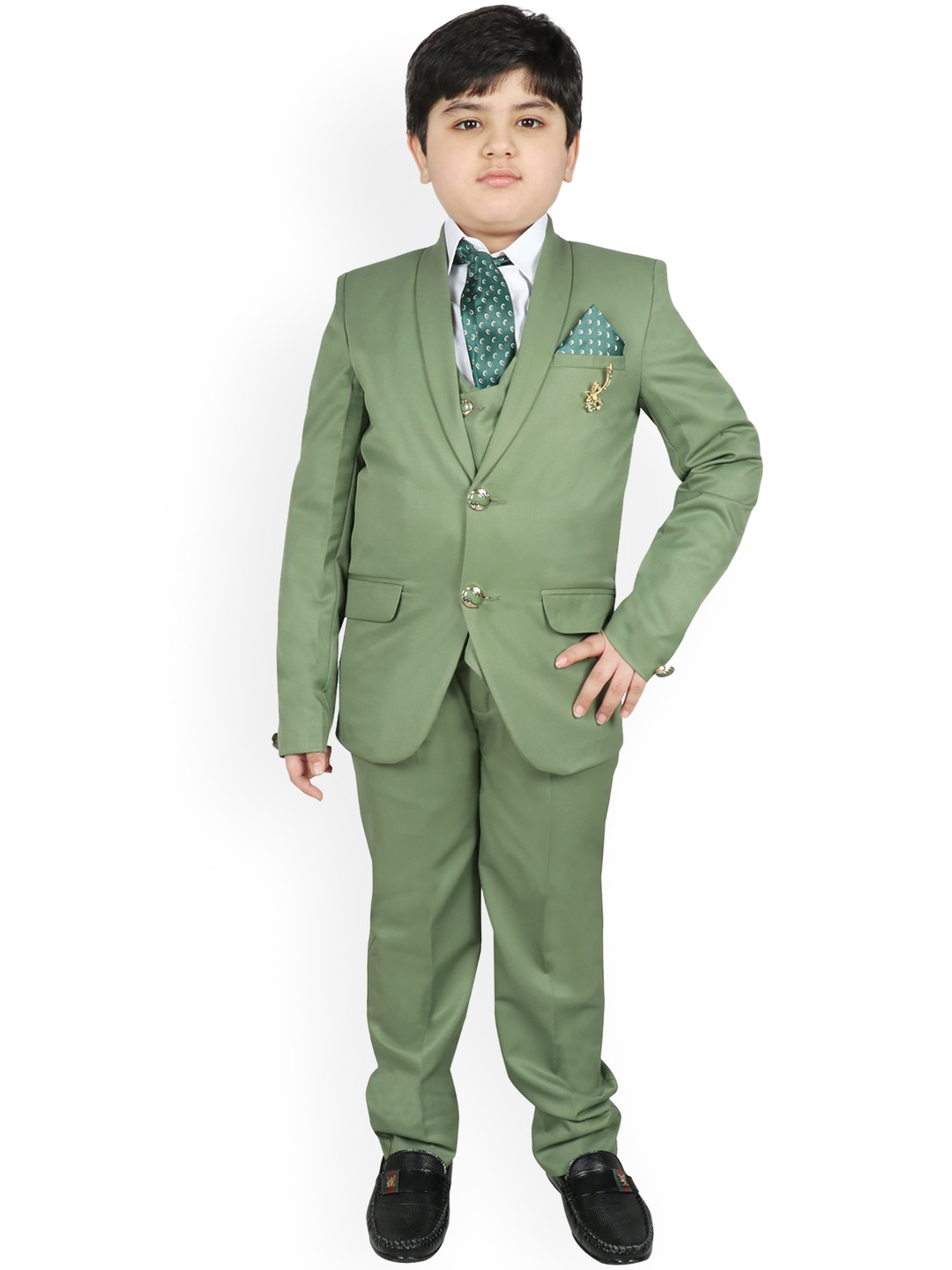 SG YUVRAJ Boys Green Solid Party Suit Set