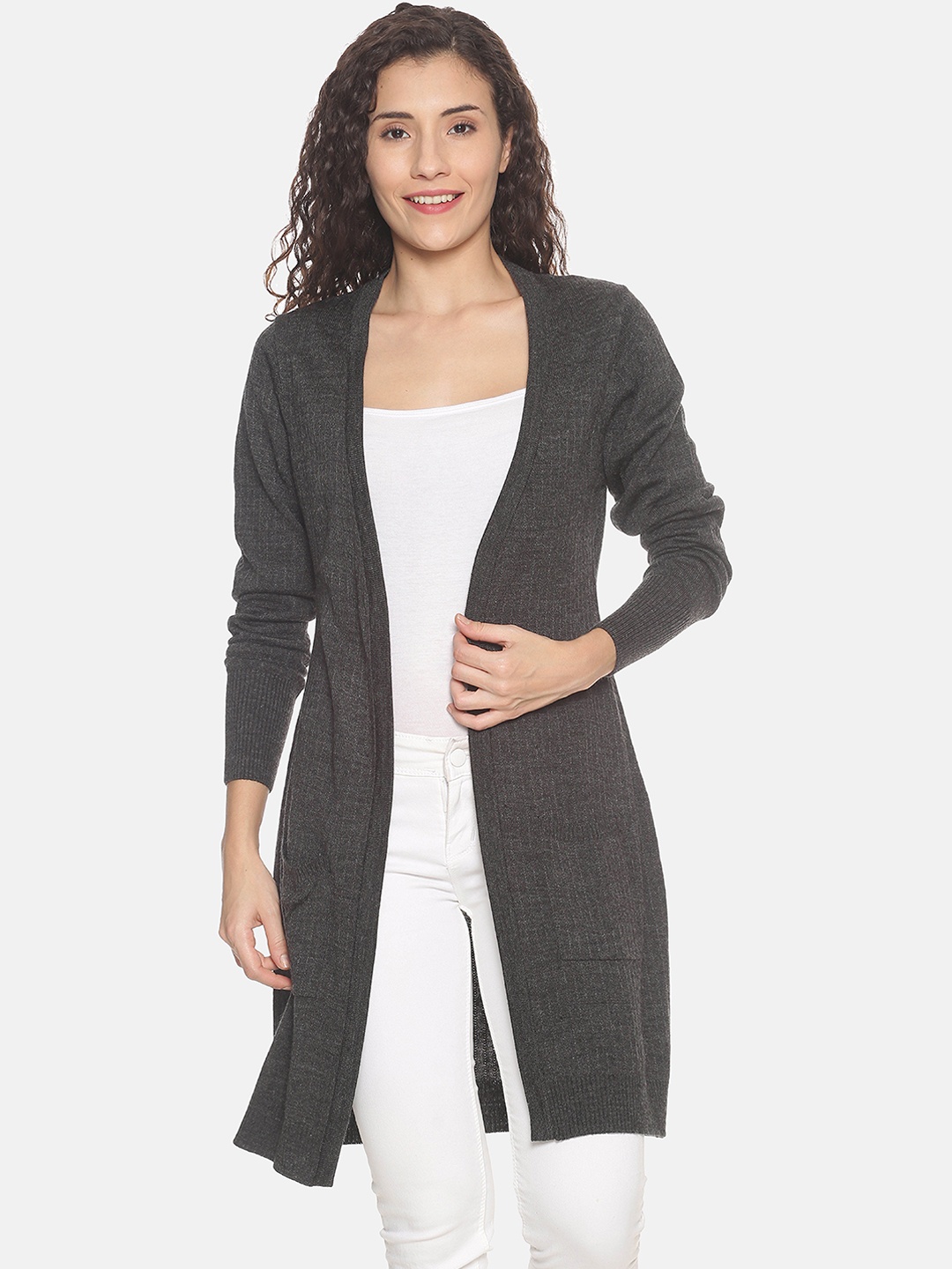 BEVERLY BLUES Women Charcoal Grey Solid Open Front Shrug