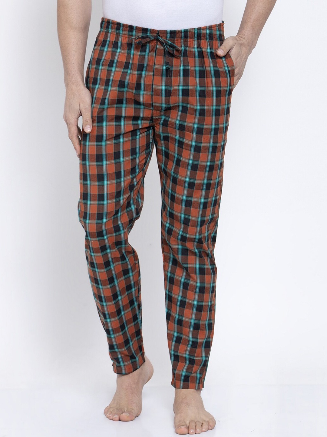 JAINISH Men Orange & Brown Checked Cotton Lounge Pants