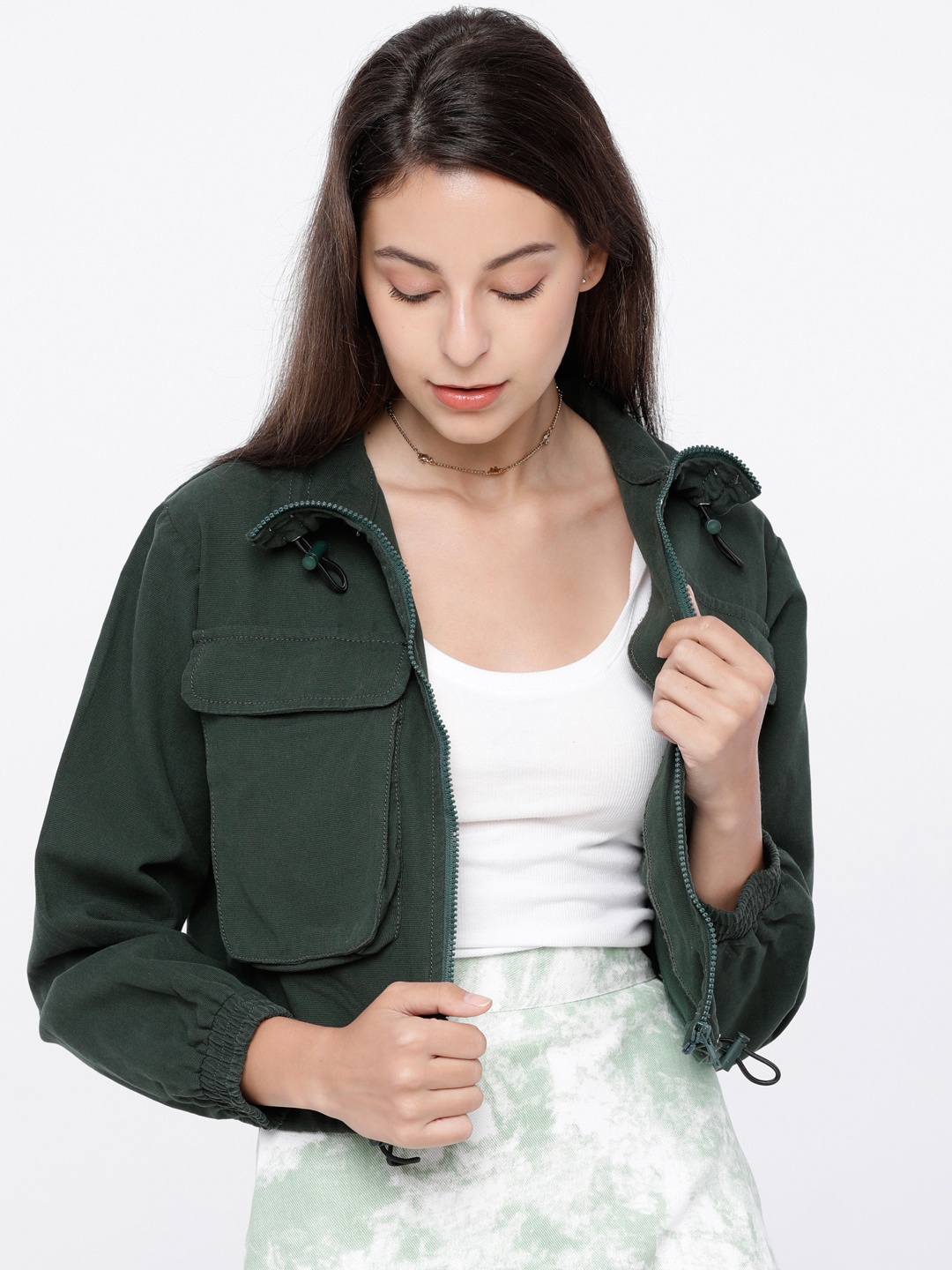 Tokyo Talkies Women Olive Green Solid Tailored Crop Jacket