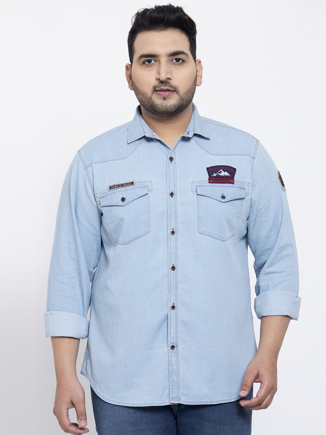 plusS Men Blue Regular Fit Solid Pure Cotton Casual Shirt