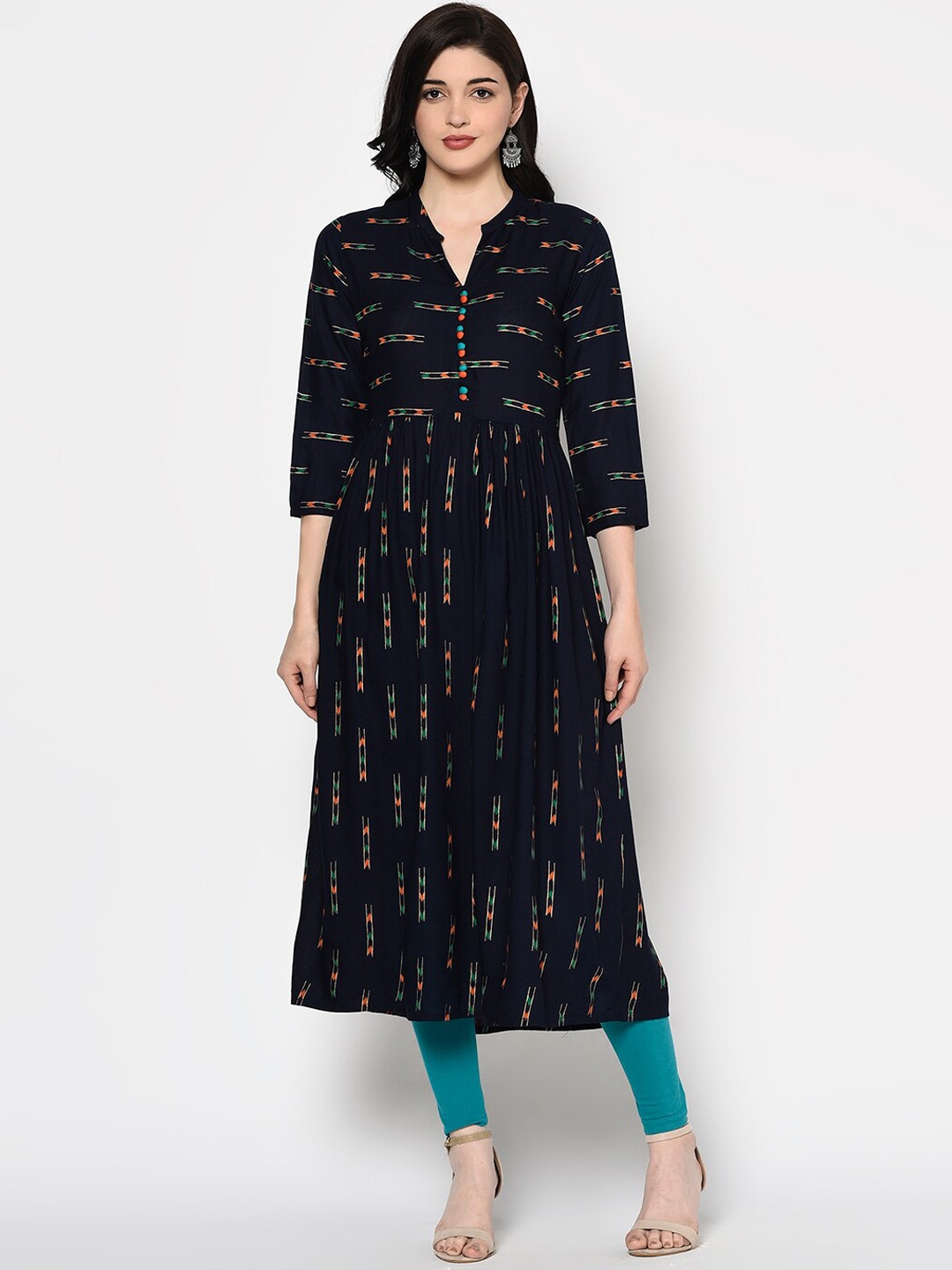 GULMOHAR JAIPUR Women Navy Blue & Green Printed Anarkali Kurta