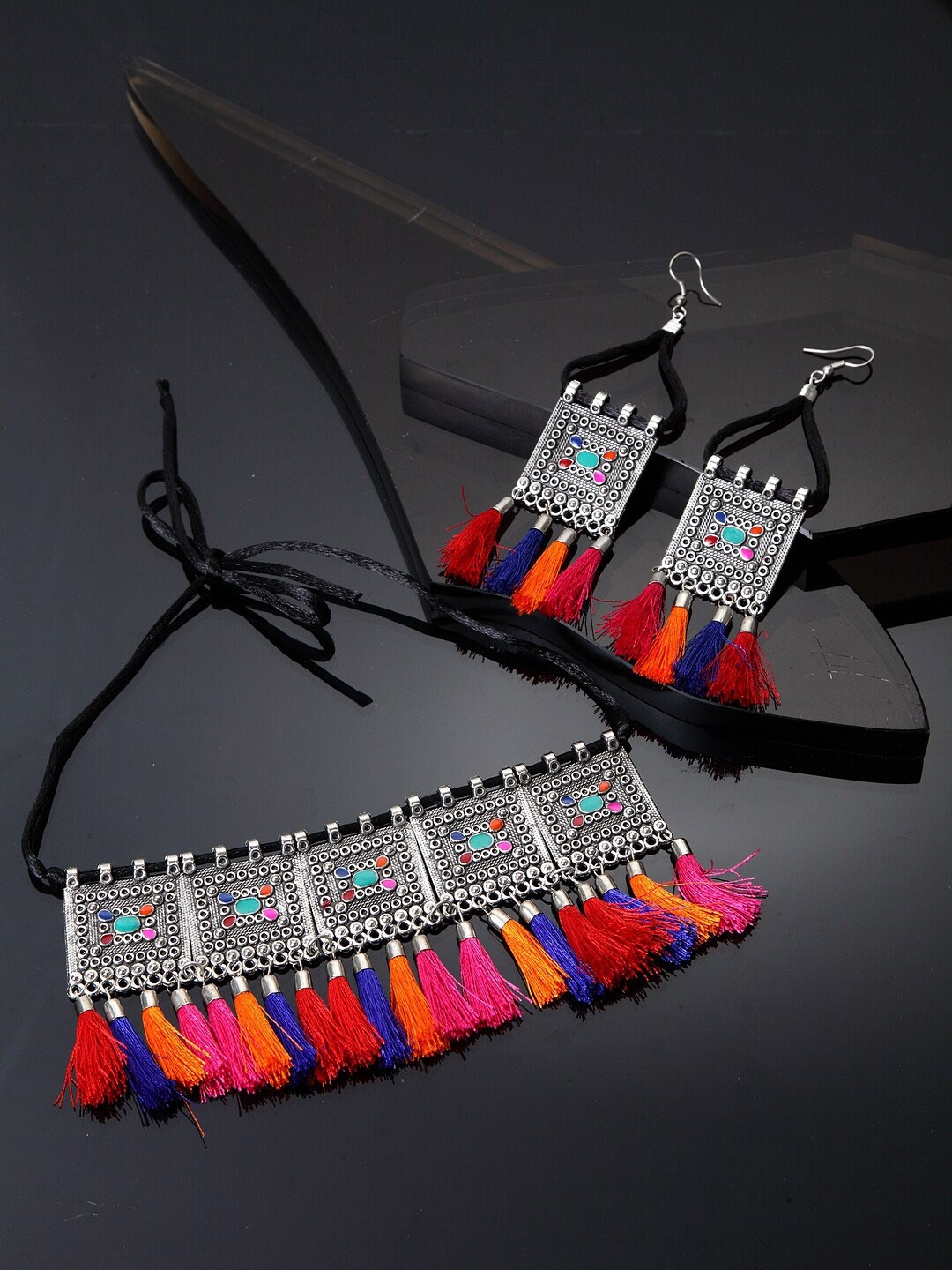 Shining Diva Oxidised Silver-Toned & Red Tasselled Jewellery Set