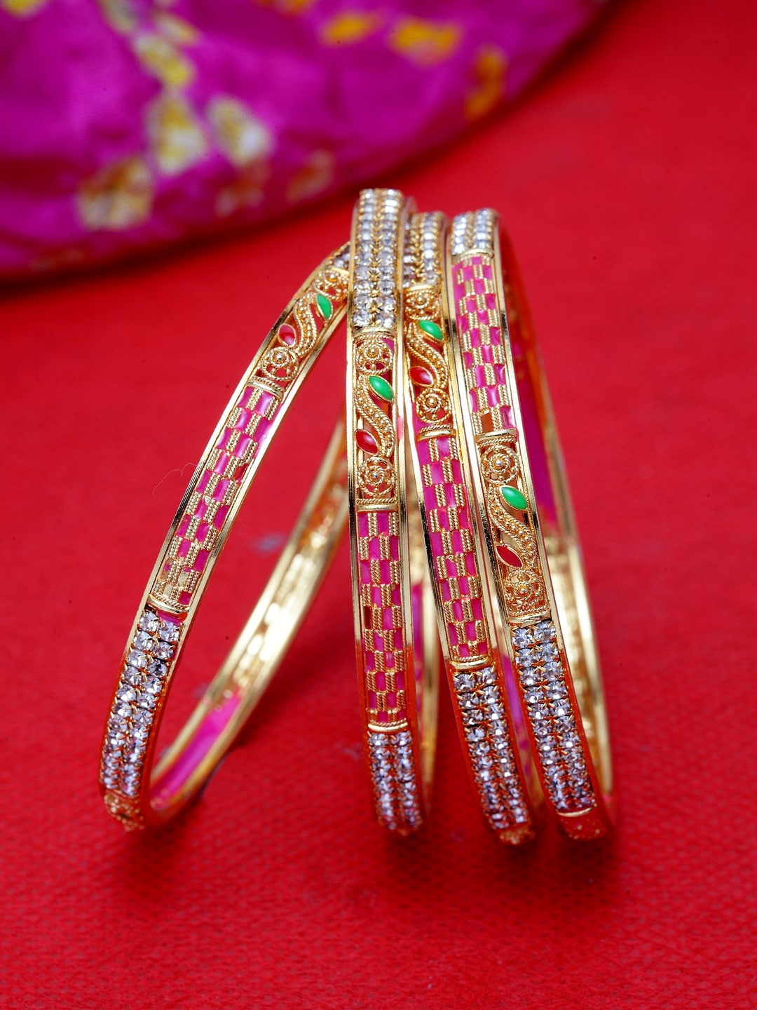Shining Diva Set Of 4 Gold-Plated White & Pink Stone-Studded Meenakari Bangles