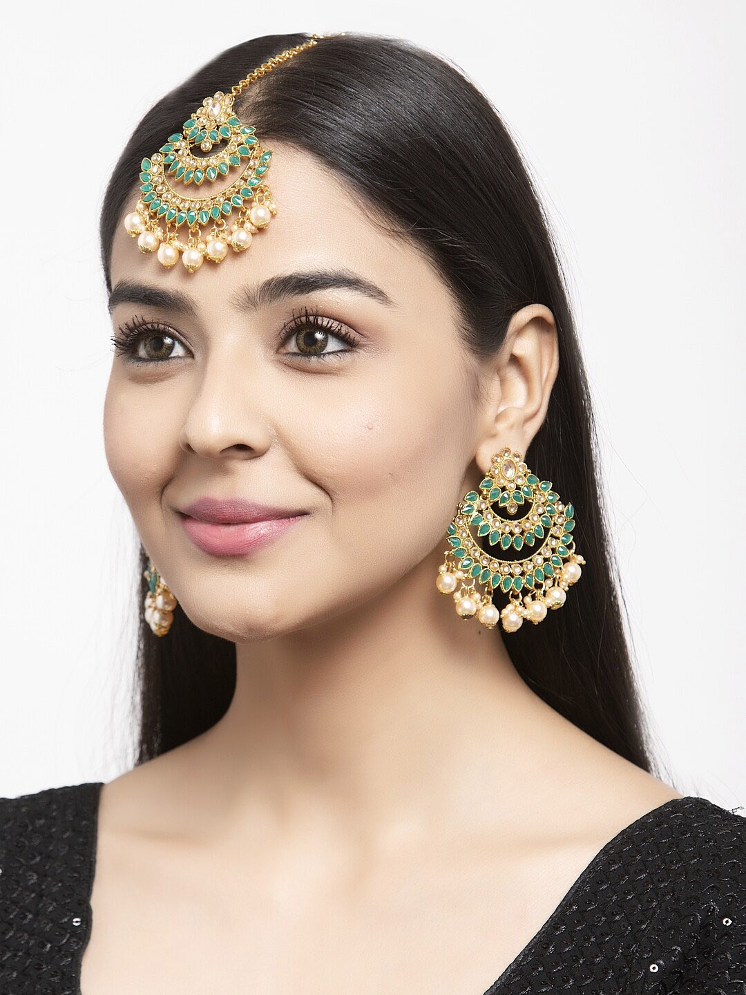 Shining Diva Gold-Plated Green & White Stone Studded Pearl Antique Jewellery Set