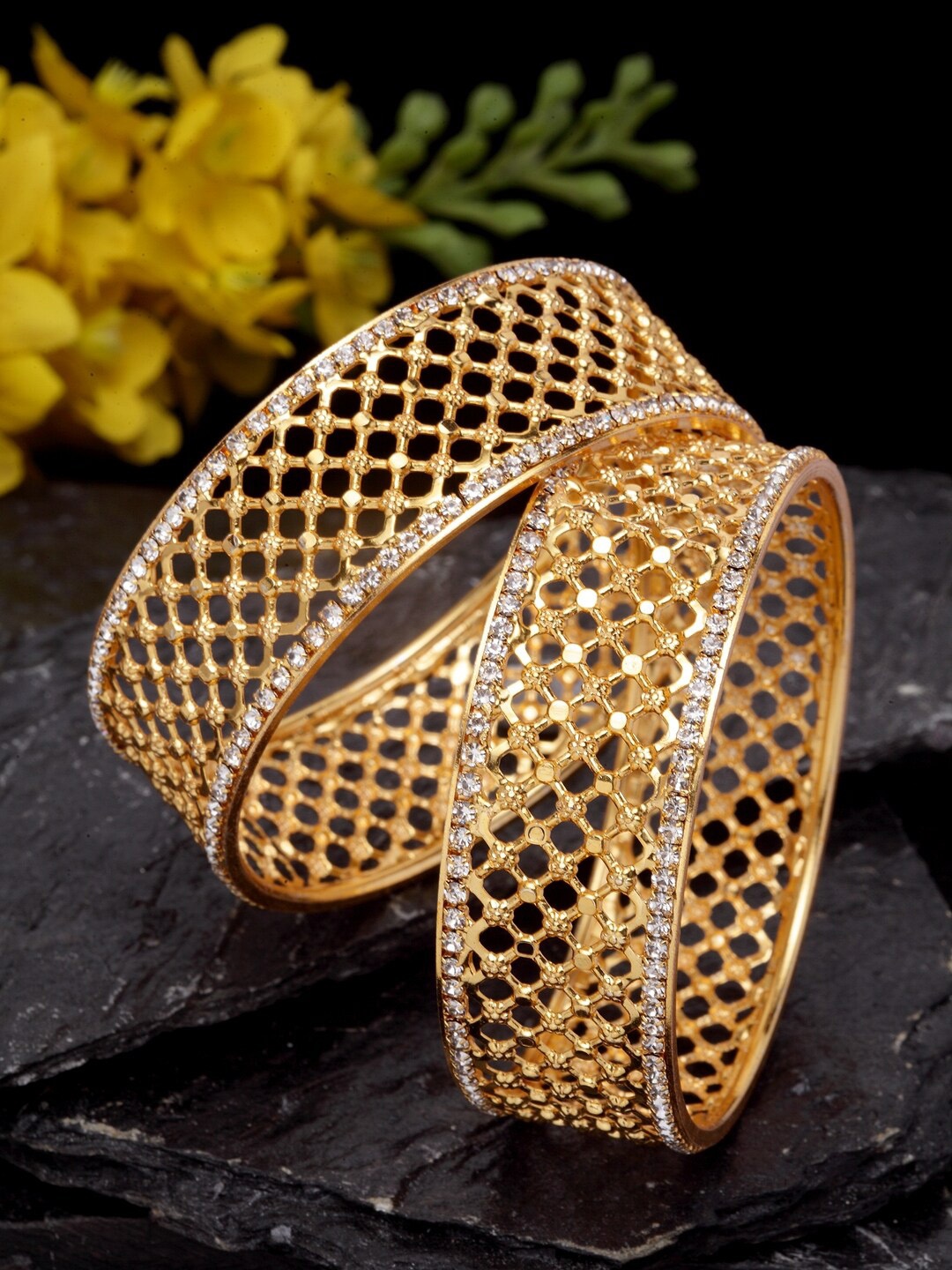 Shining Diva Set Of 2 Gold-Plated & White Stone Studded Bangles