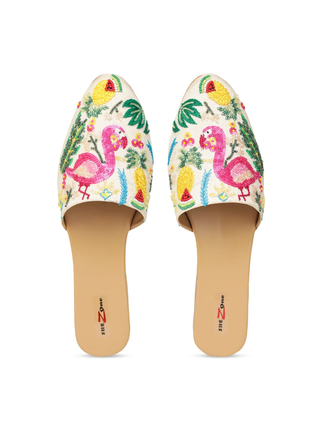 Shezone Women Cream-Coloured Woven Design Open Toe Flats